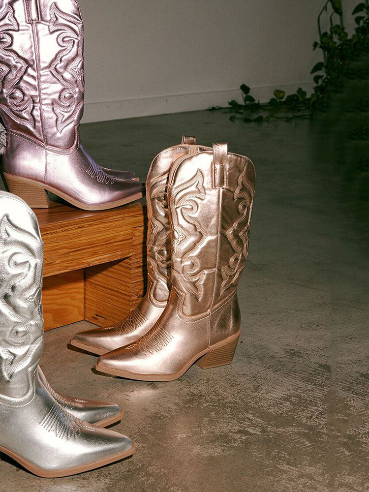 Metallic PU Leather Cowboy Boots - Elara Row