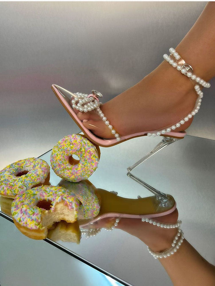Pearl Bow Pointed Toe Transparent Heels - Elara Row
