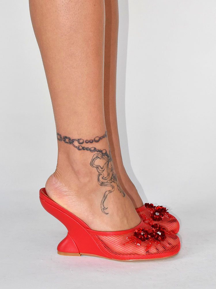 Floral Embroidered Mesh Wedge