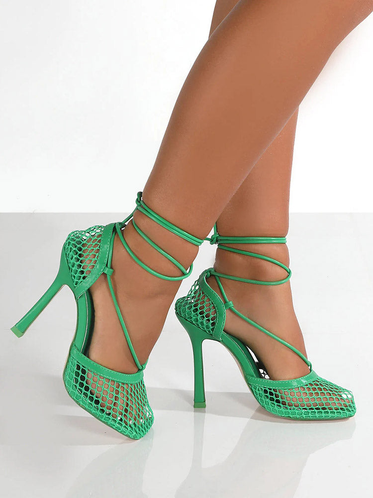 Square Toe Mesh Wrap Pumps - Elara Row