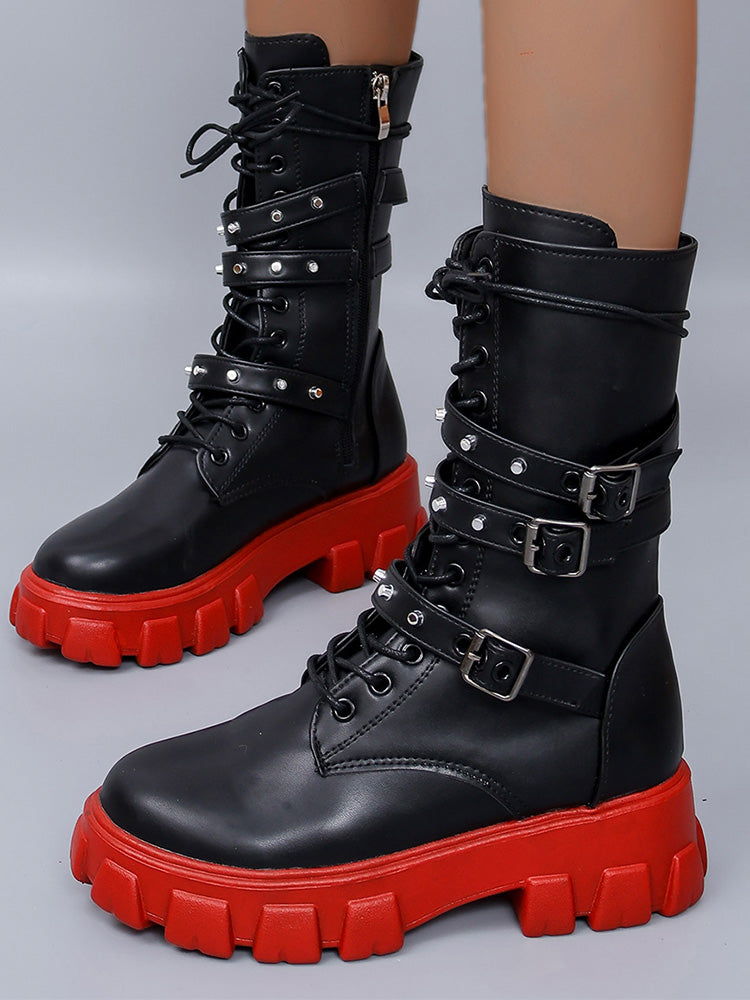 Eyelet Buckled Zipper Platform Boots - Elara Row
