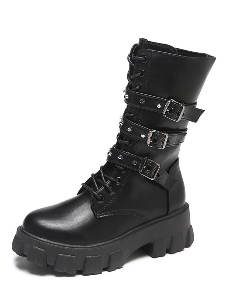 Eyelet Buckled Zipper Platform Boots - Elara Row