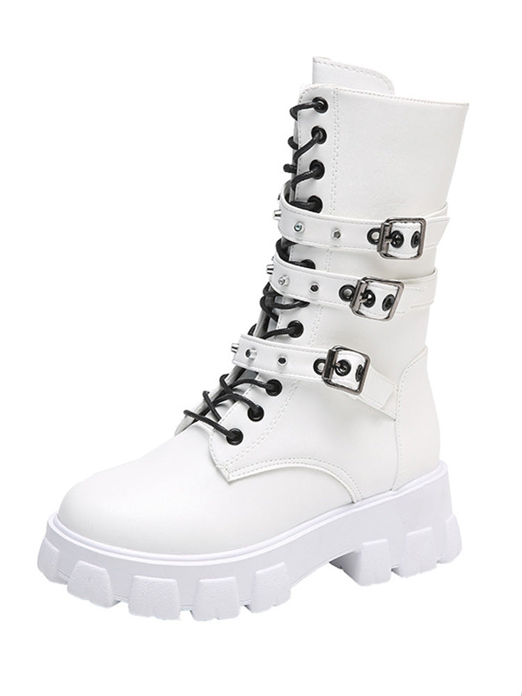 Eyelet Buckled Zipper Platform Boots - Elara Row