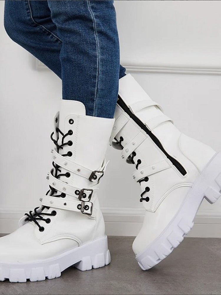 Eyelet Buckled Zipper Platform Boots - Elara Row