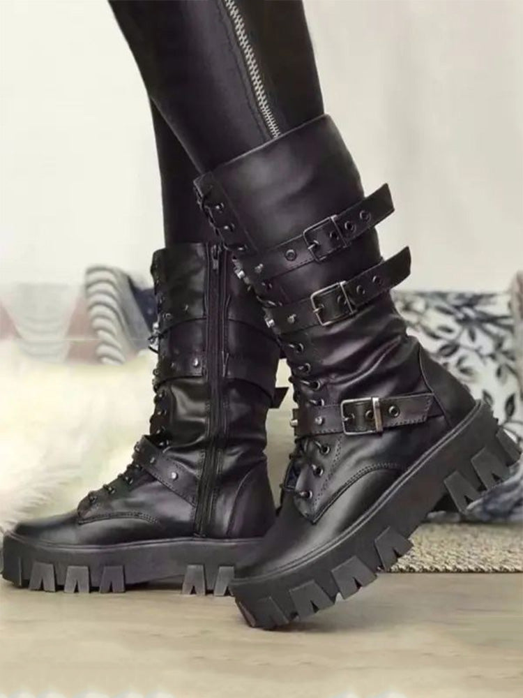 Eyelet Buckled Zipper Platform Boots - Elara Row