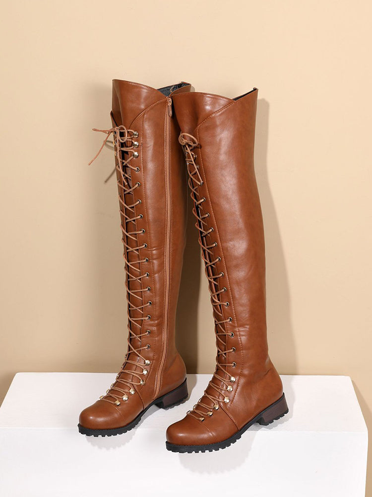 Lace Up Leather Over The Knee Boots - Elara Row