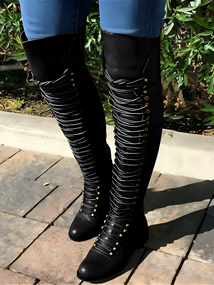Lace Up Leather Over The Knee Boots - Elara Row