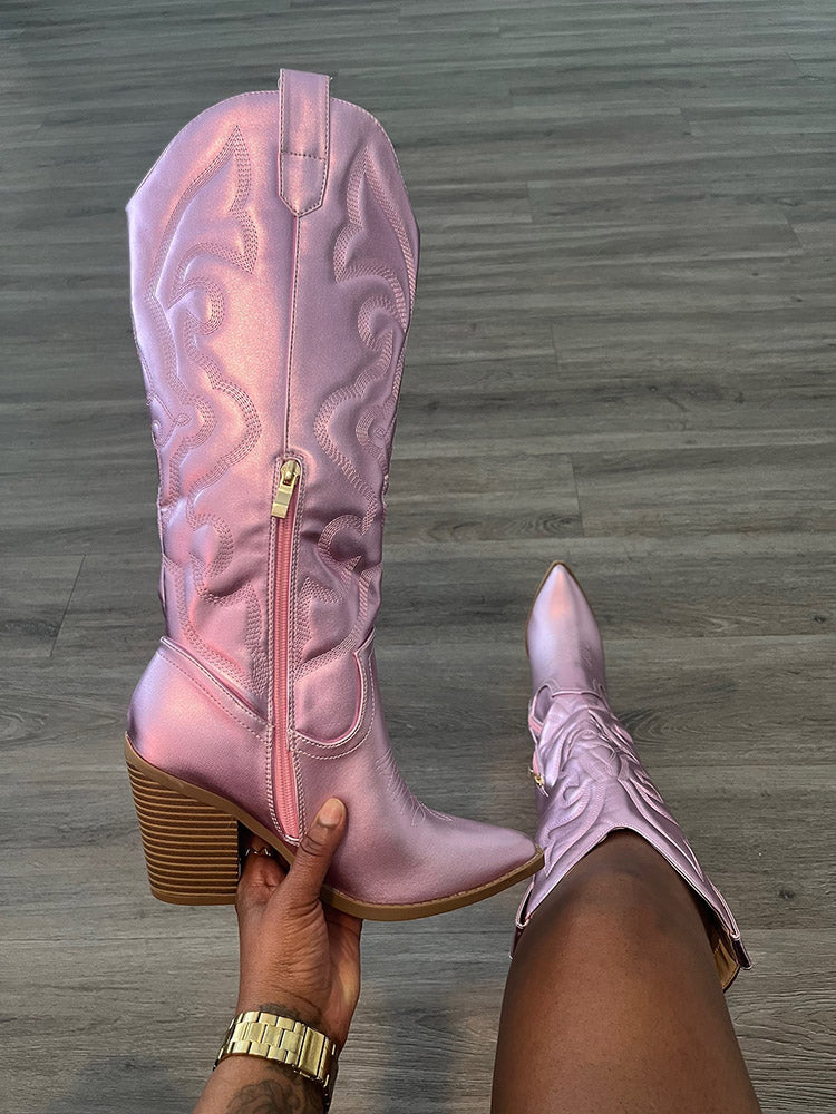 Metallic PU Leather Cowboy Boots - Elara Row