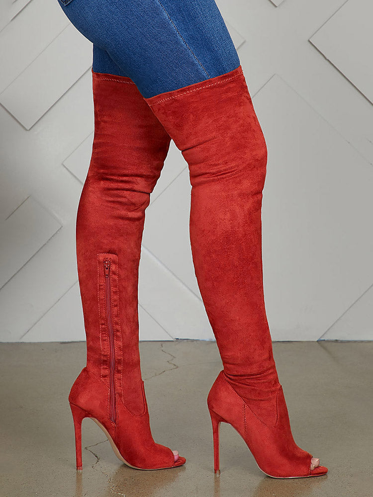 Peep Toe Suede Over Knee Boots - Elara Row
