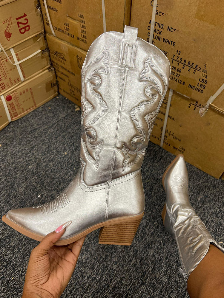 Metallic PU Leather Cowboy Boots - Elara Row