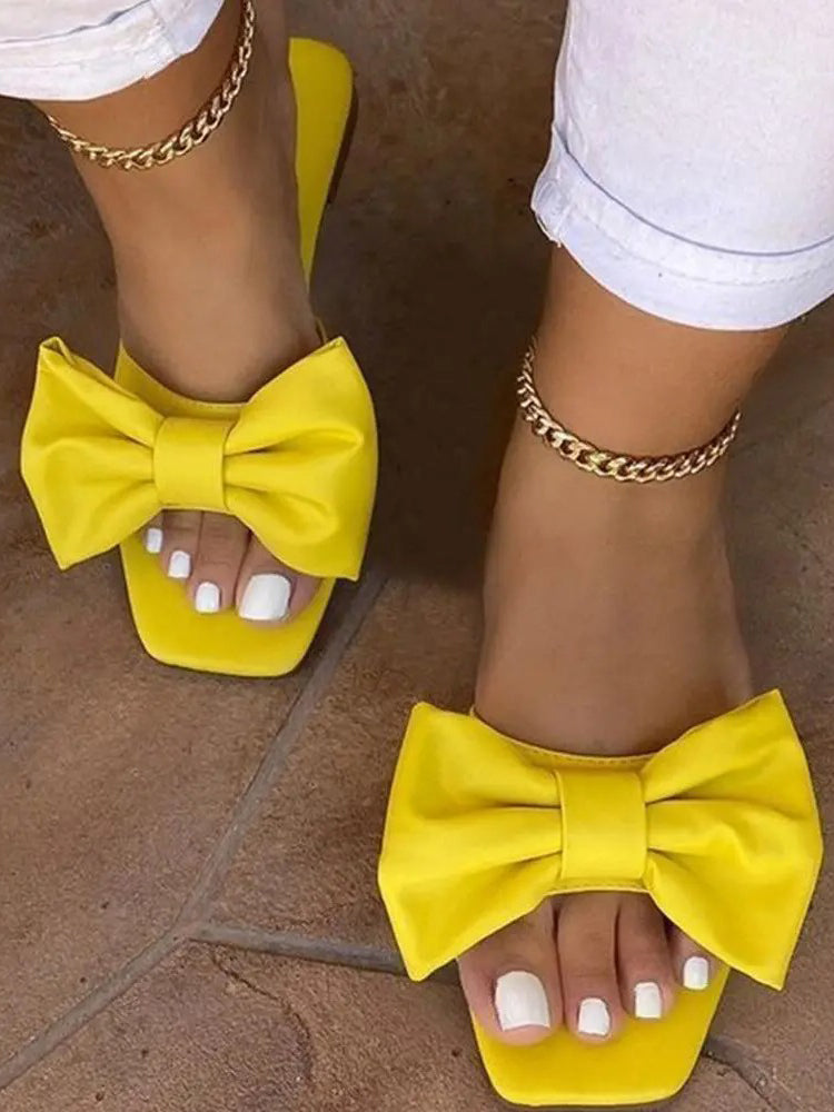 Bowknot Decor Square Toe Flat Slippers - Elara Row