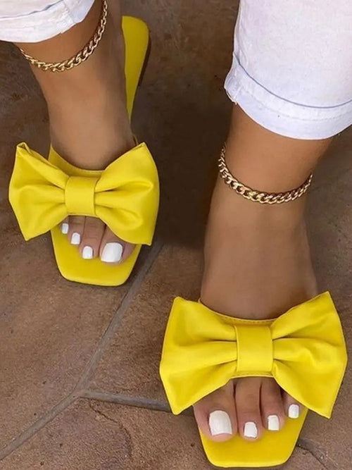 Bowknot Decor Square Toe Flat Slippers - Elara Row