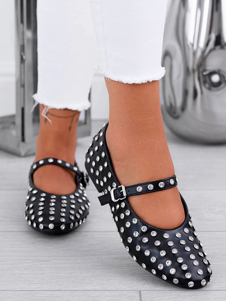 Rhinestone Leather Ballet Flats
