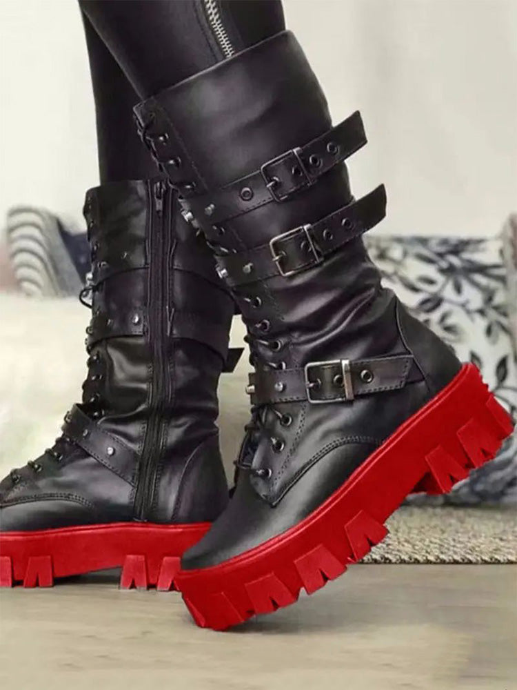 Eyelet Buckled Zipper Platform Boots - Elara Row