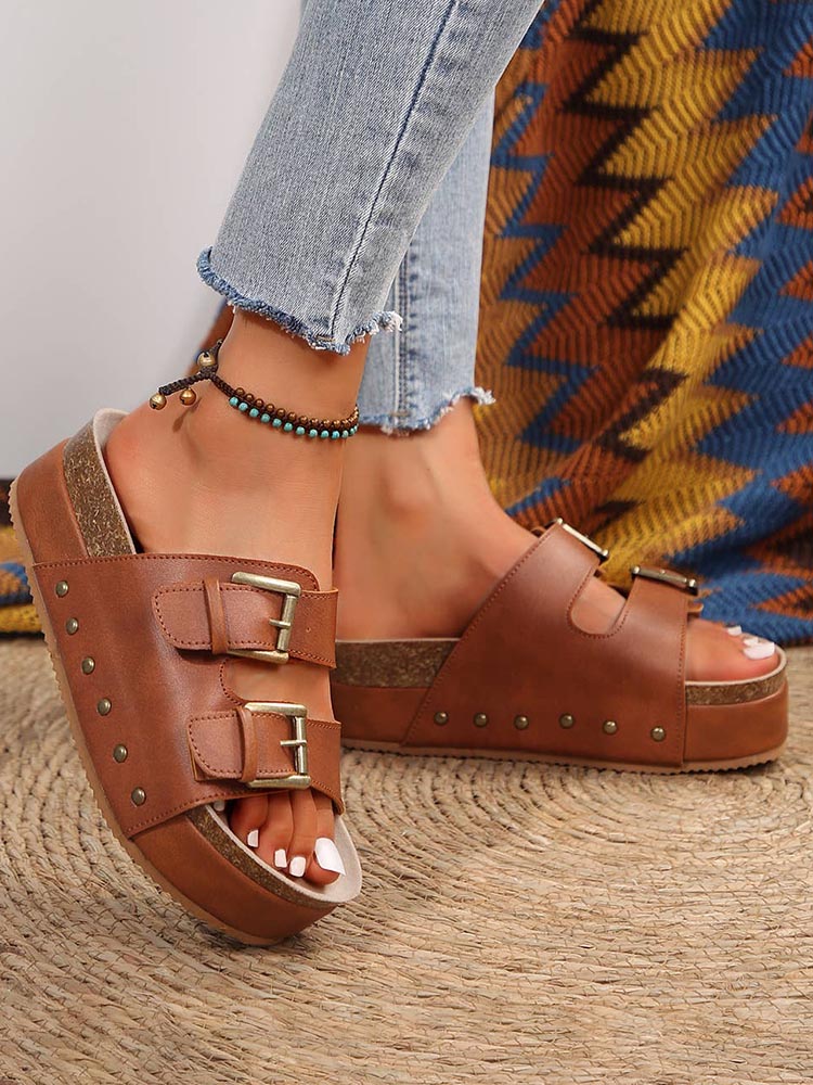 Double Buckle Strap Platform Sandals - Elara Row