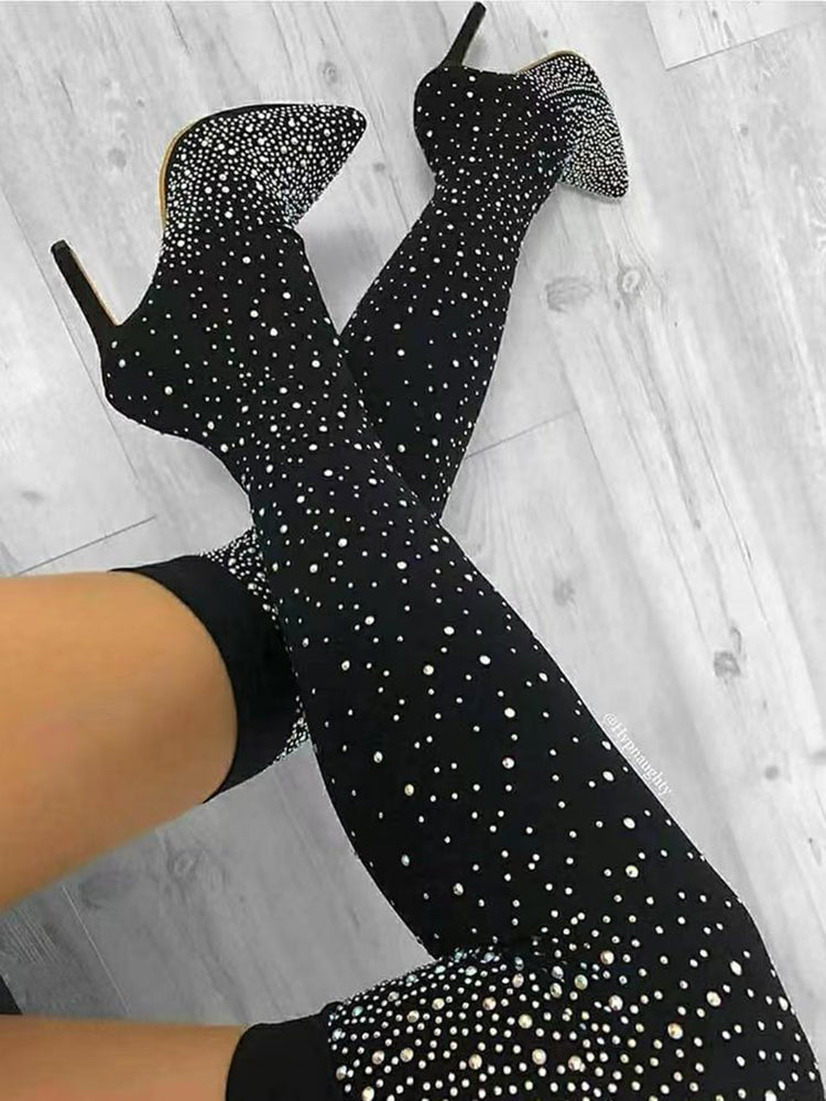 Rhinestone Decor Thigh High Boots - Elara Row