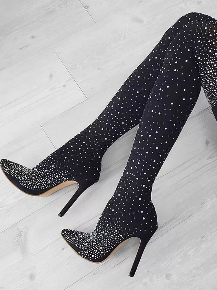 Rhinestone Decor Thigh High Boots - Elara Row