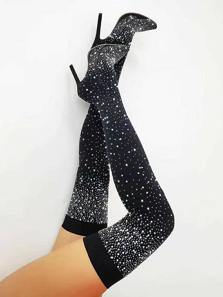 Rhinestone Decor Thigh High Boots - Elara Row