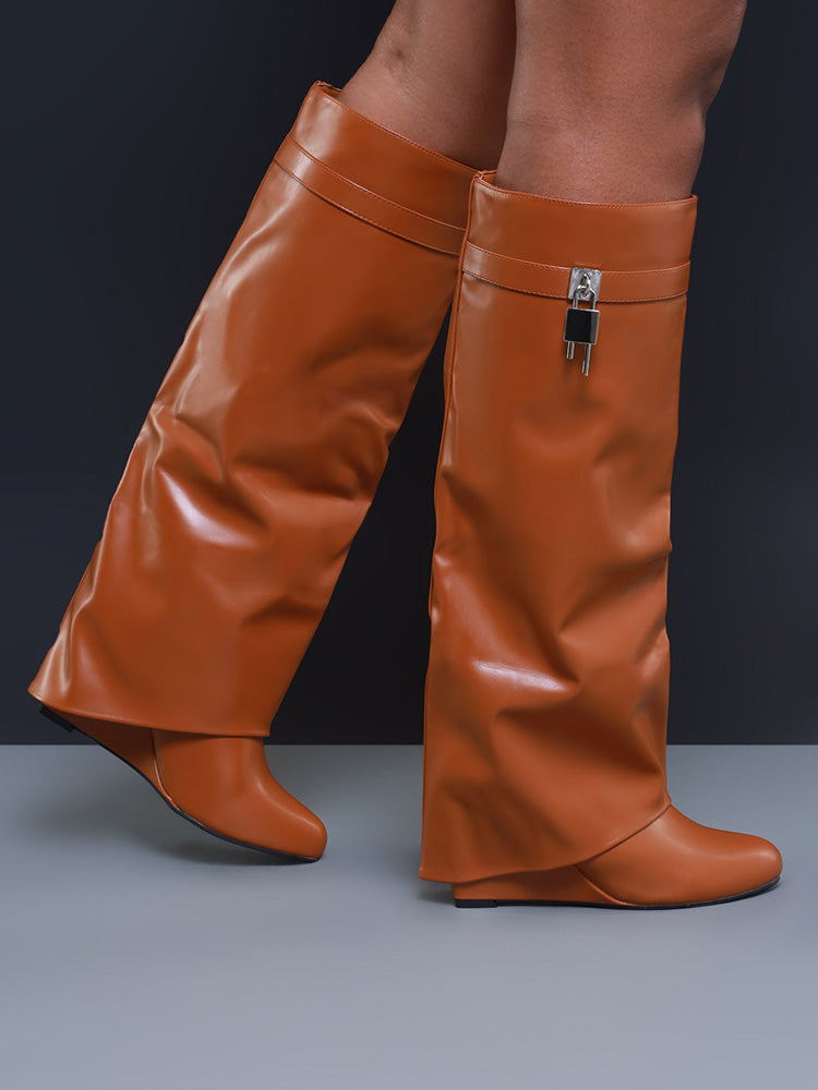 Lock & Key Leather Wedge Heel Boots - Elara Row