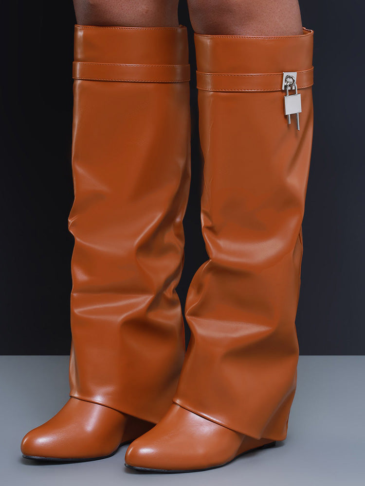 Lock & Key Leather Wedge Heel Boots - Elara Row