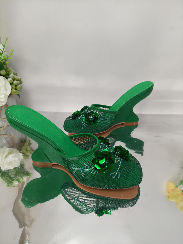 Floral Embroidered Mesh Wedge