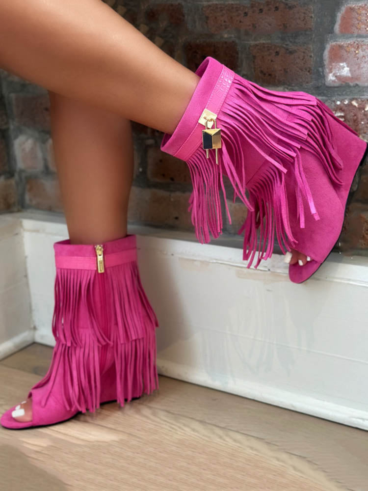 Fringe Open Toe Suede Boots - Elara Row