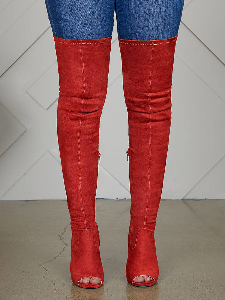 Peep Toe Suede Over Knee Boots - Elara Row