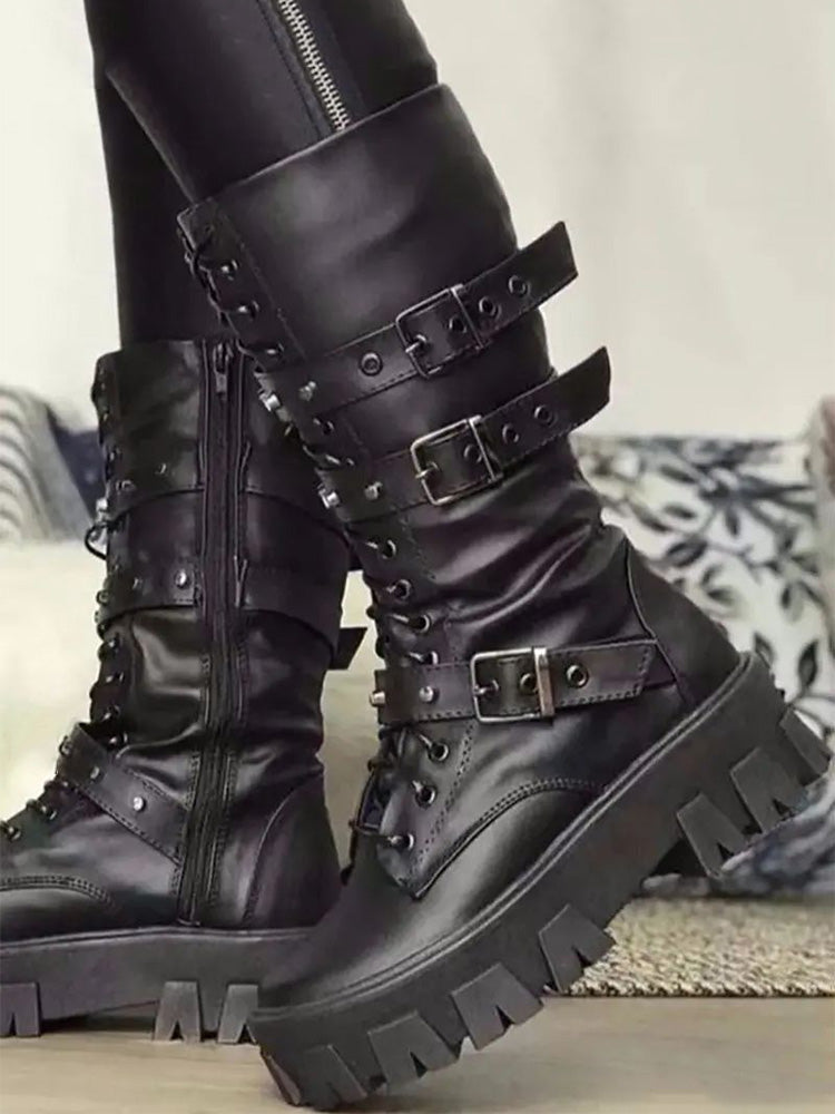 Eyelet Buckled Zipper Platform Boots - Elara Row