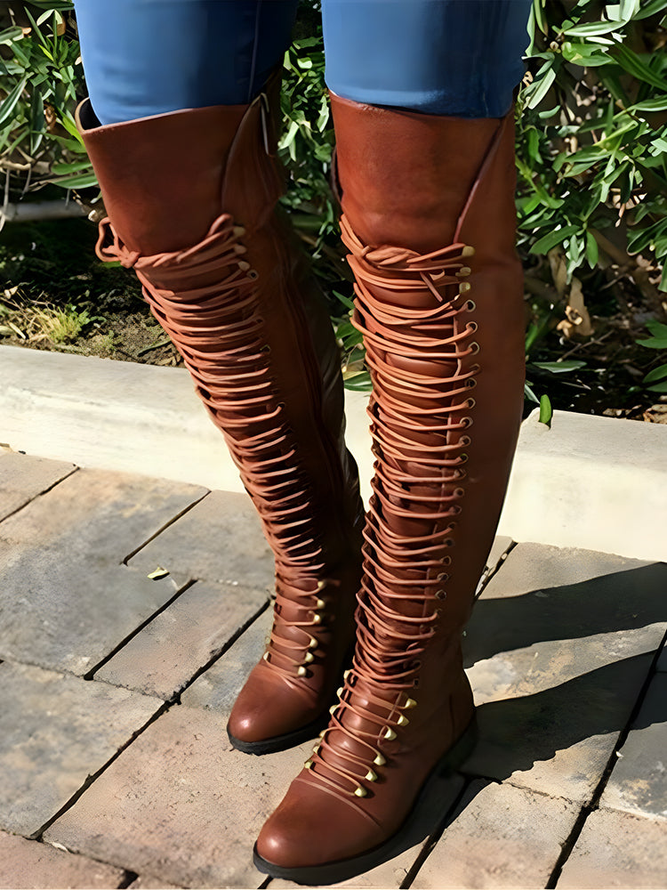 Lace Up Leather Over The Knee Boots - Elara Row