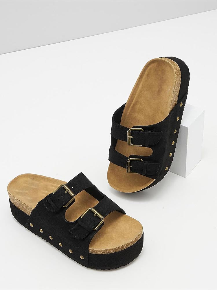 Double Buckle Strap Platform Sandals - Elara Row