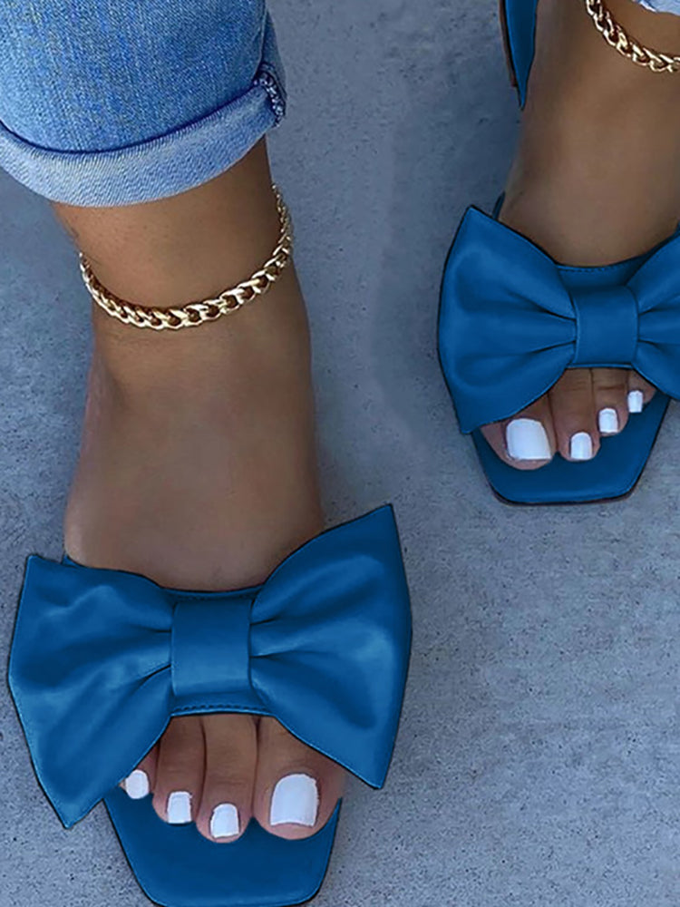 Bowknot Decor Square Toe Flat Slippers - Elara Row