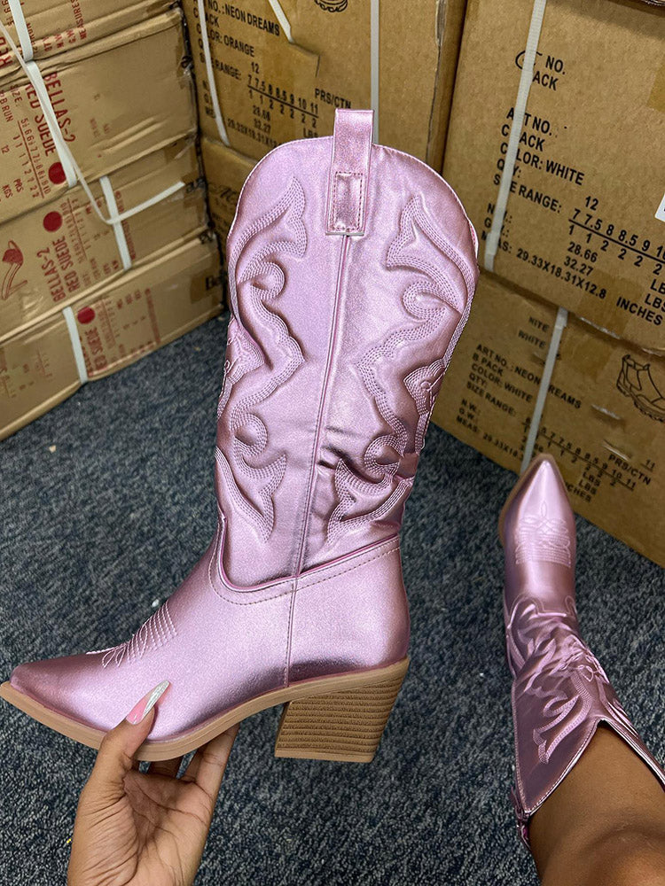 Metallic PU Leather Cowboy Boots - Elara Row
