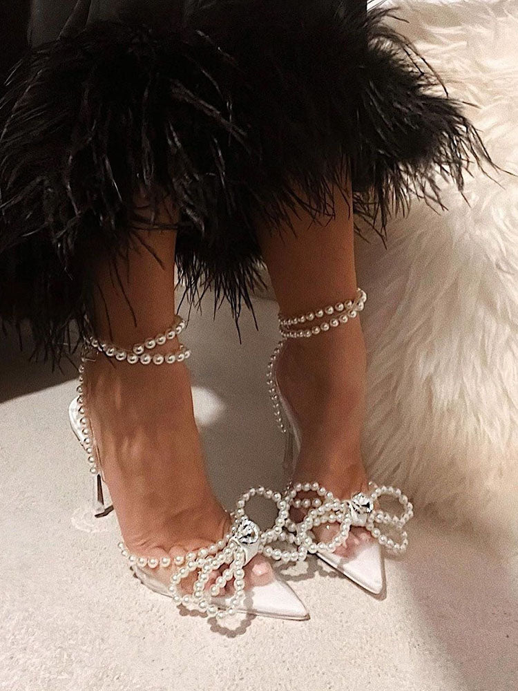 Pearl Bow Pointed Toe Transparent Heels - Elara Row