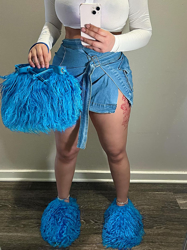Fluffy Fur Bag & Slides Set