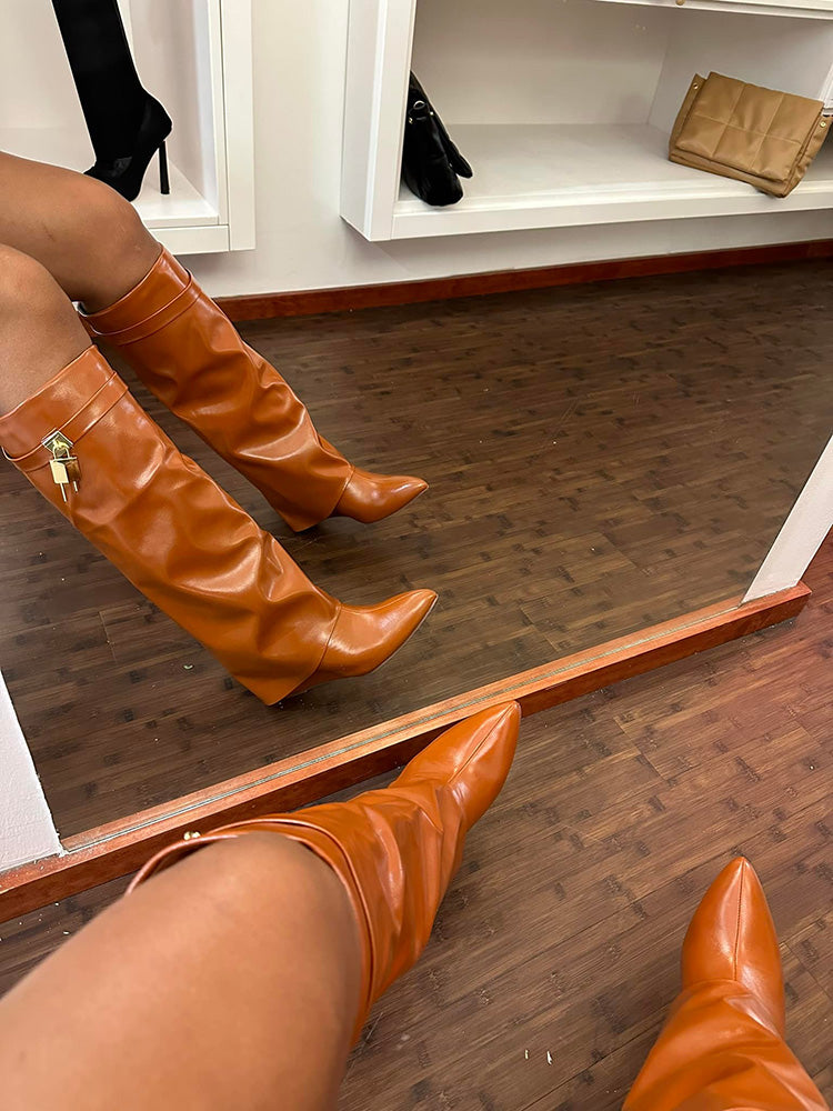 Lock & Key Leather Wedge Heel Boots
