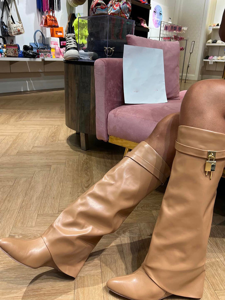 Lock & Key Leather Wedge Heel Boots