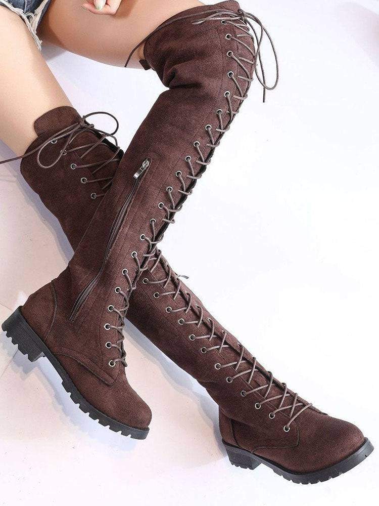Lace Up Flat Suede Boots - Elara Row
