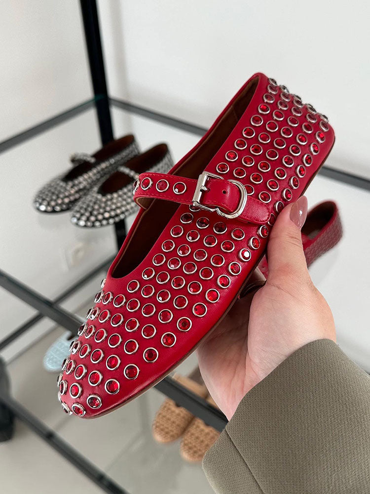 Rhinestone Leather Ballet Flats