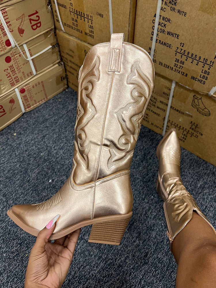 Metallic PU Leather Cowboy Boots - Elara Row