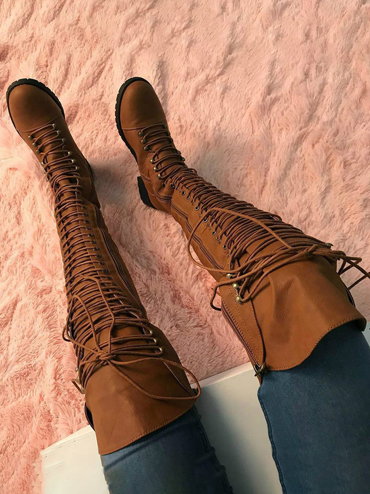 Lace Up Leather Over The Knee Boots - Elara Row