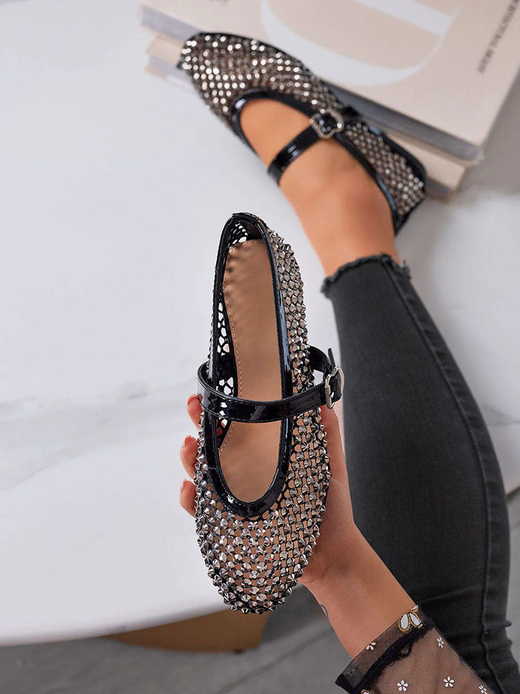 Rhinestone Leather Ballet Flats