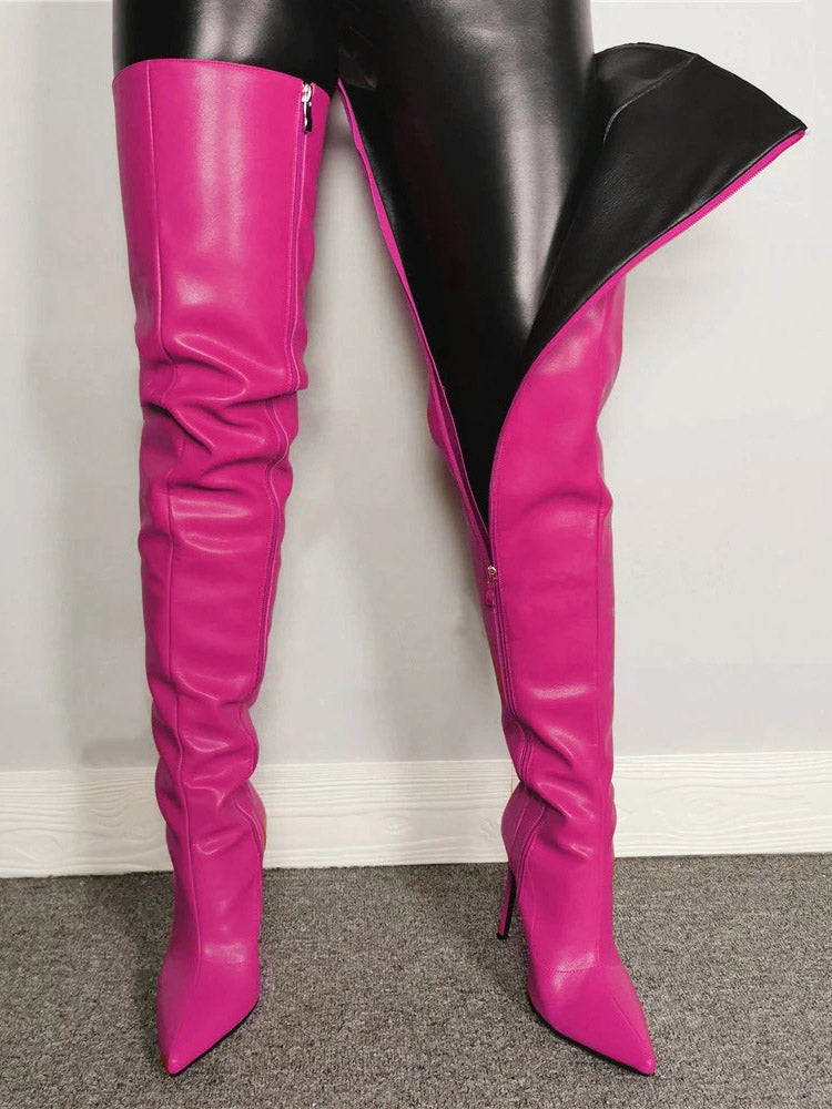 Full Zip Over The Knee Leather Boots - Elara Row
