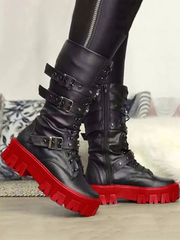 Eyelet Buckled Zipper Platform Boots - Elara Row