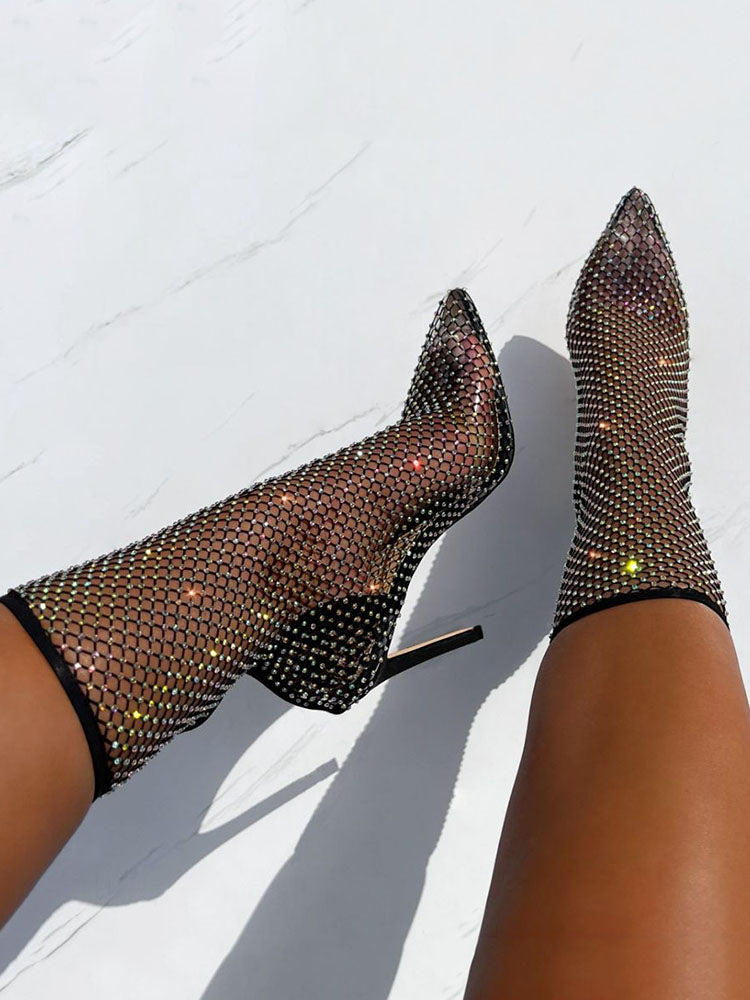 Rhinestone Fishnet Heels Boots - Elara Row