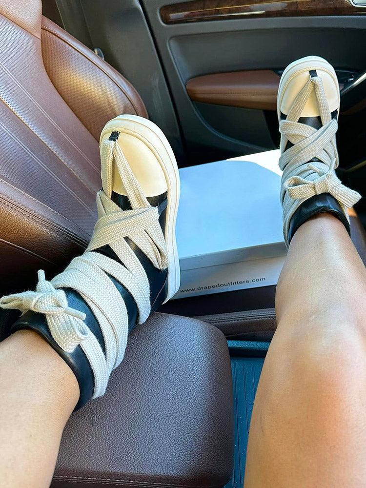 Cross Lace PU High-Top Sneakers - Elara Row