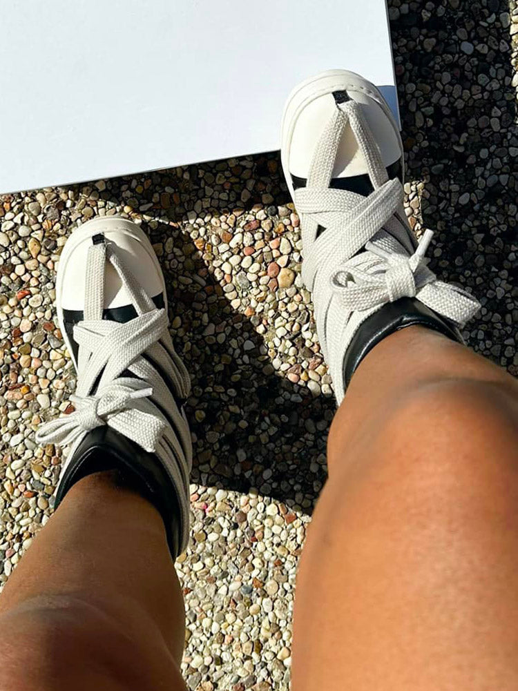 Cross Lace PU High-Top Sneakers - Elara Row