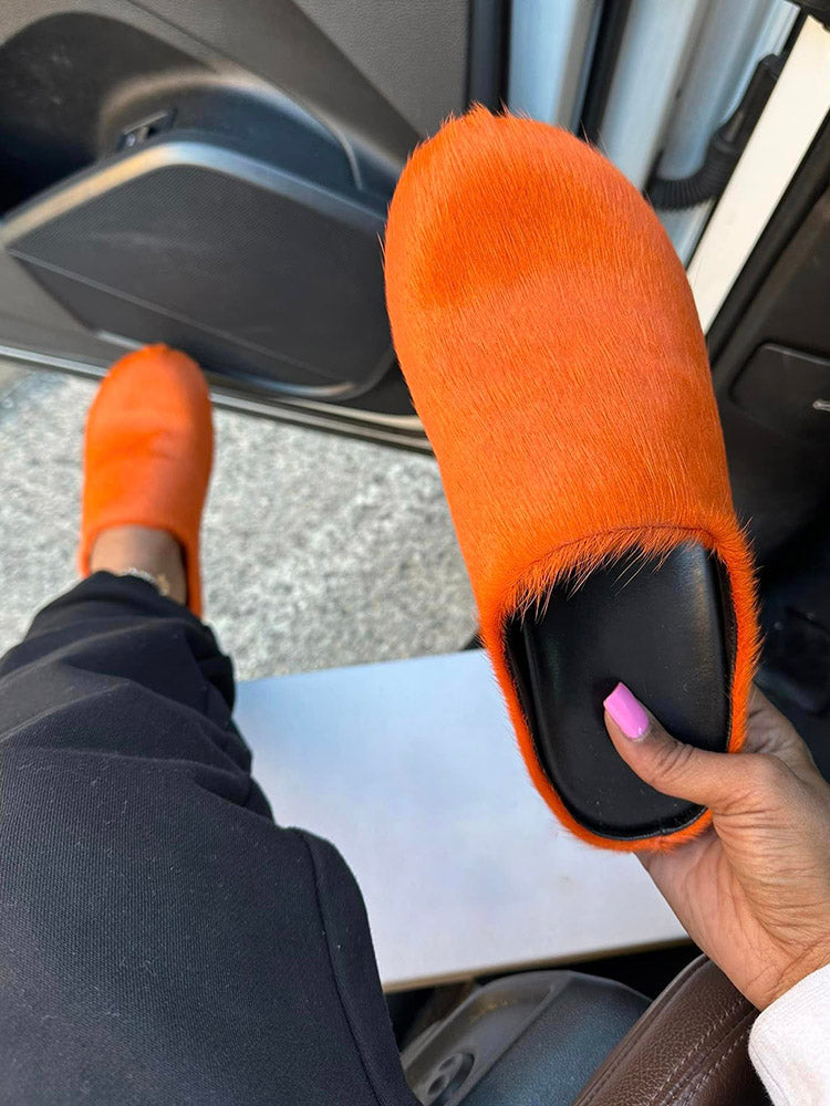 Fur Slip-On Flat Slides - Elara Row