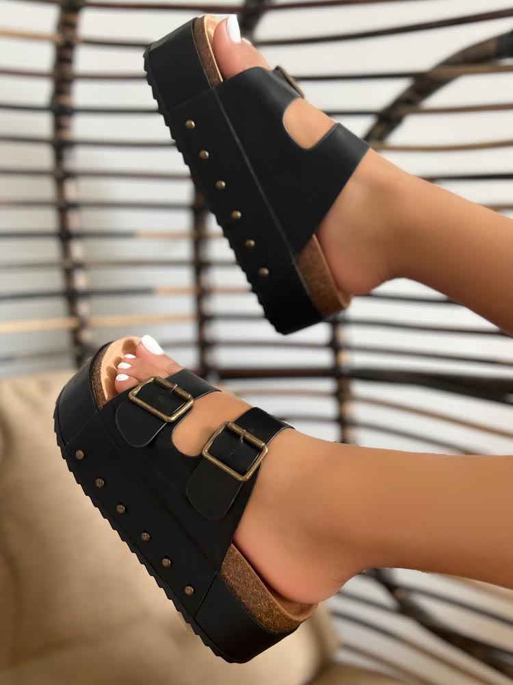 Double Buckle Strap Platform Sandals - Elara Row