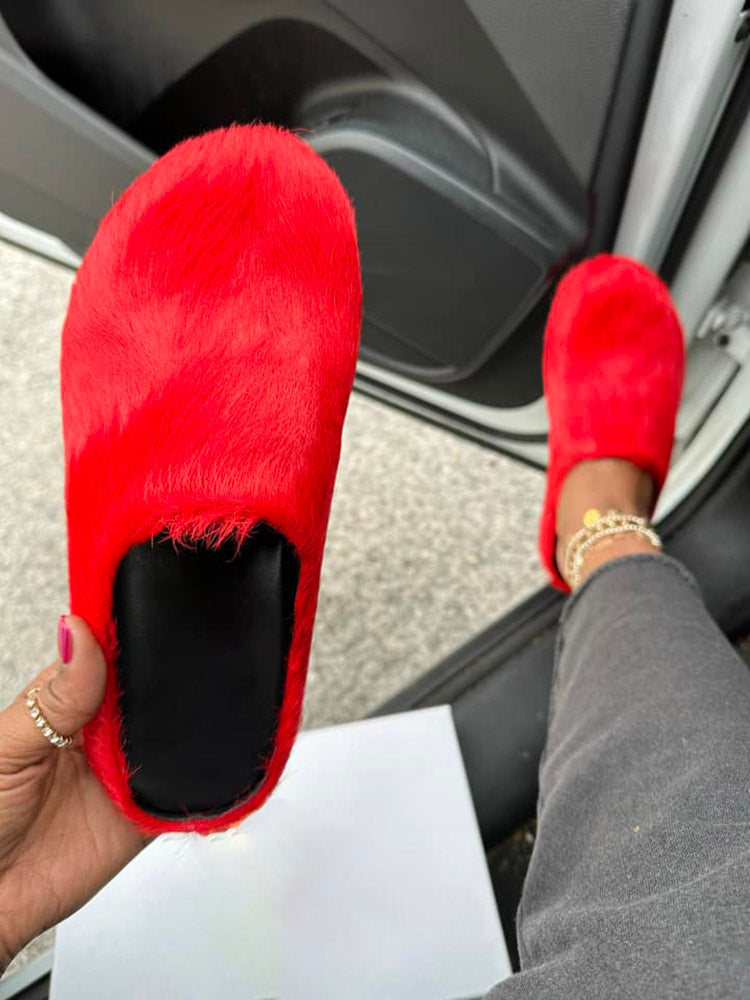 Fur Slip-On Flat Slides - Elara Row