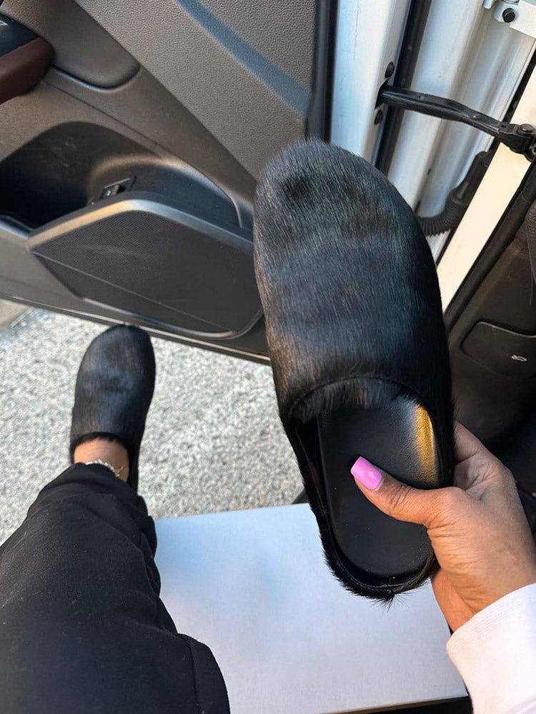 Fur Slip-On Flat Slides - Elara Row